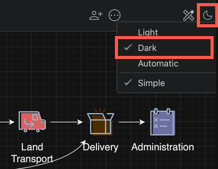 Click on the sun/moon in the draw.io simple mode toolbar and select Dark to switch the editor to dark mode