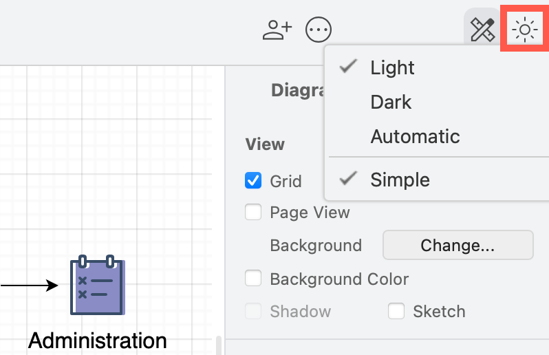 Click on the sun/moon in the top right and switch between any of the four editor themes and the simple mode, as well as between dark and light modes