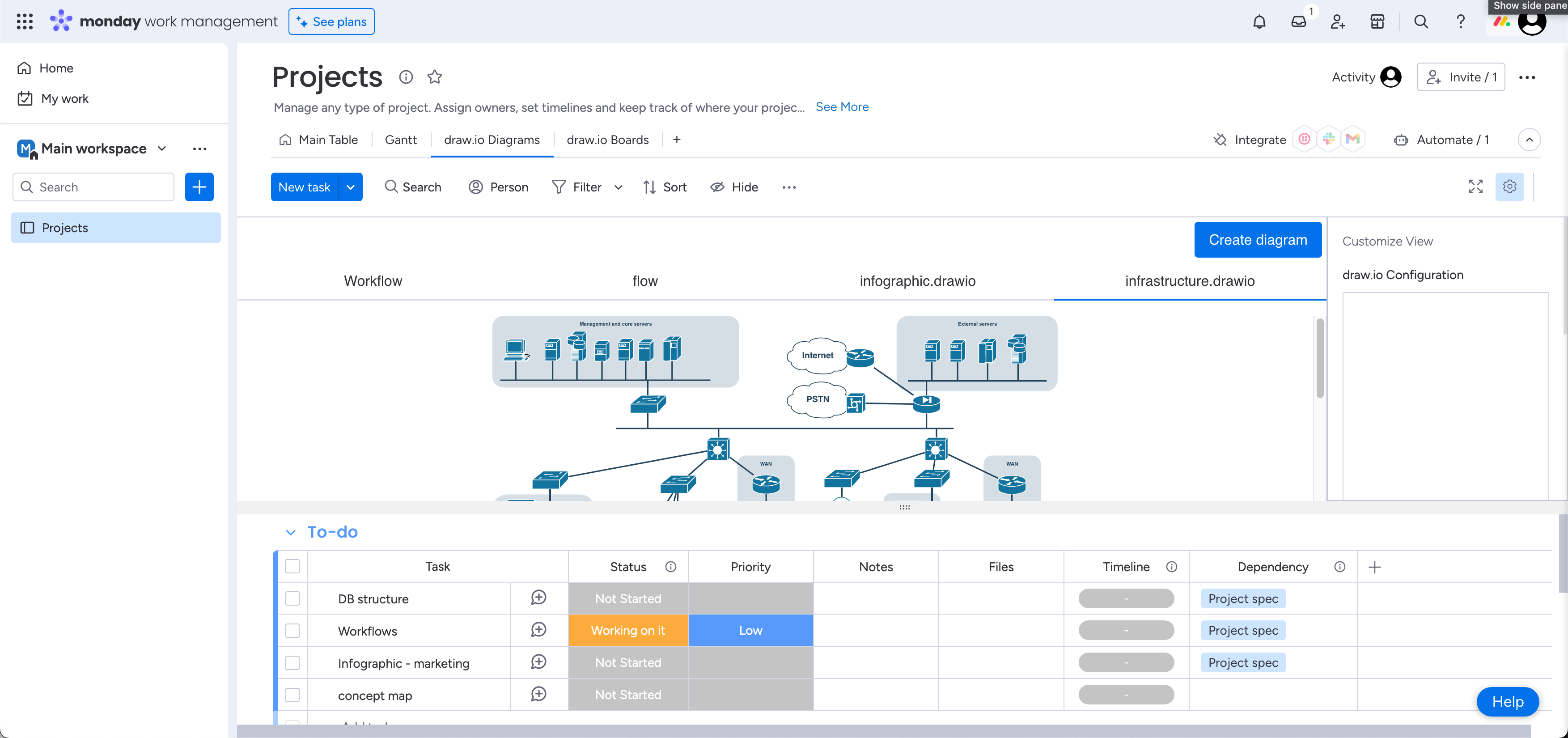 Add diagrams and boards to your Monday Workspaces with the draw.io integration