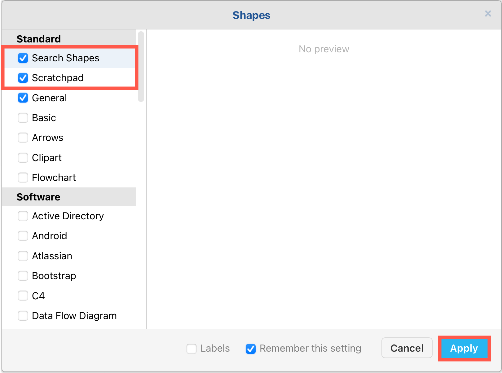 Show or hide the search and scratchpad features in the Shapes panel