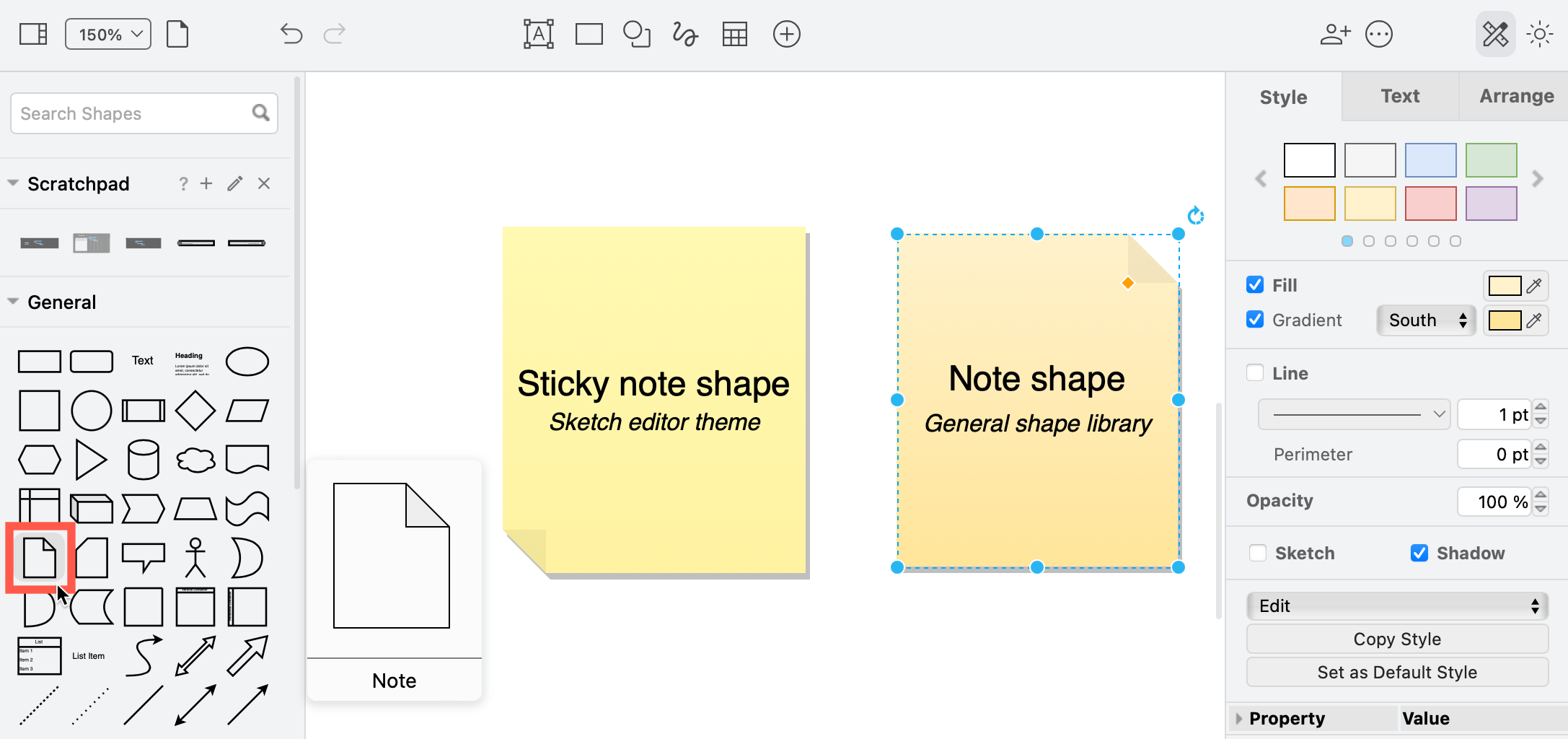 Use the sticky note shape in the Sketch editor theme, or style the Note shape from the General shape library