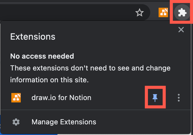 Once you have installed the draw.io for Notion Chrome extension, ensure it is pinned so you can access it while you use Notion