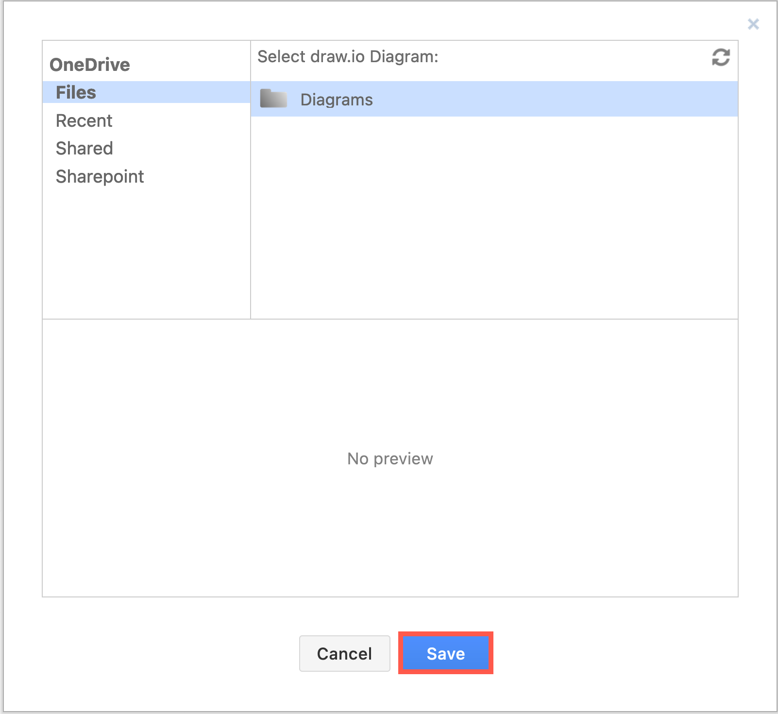 Select the folder in your OneDrive where you want to store your diagram files