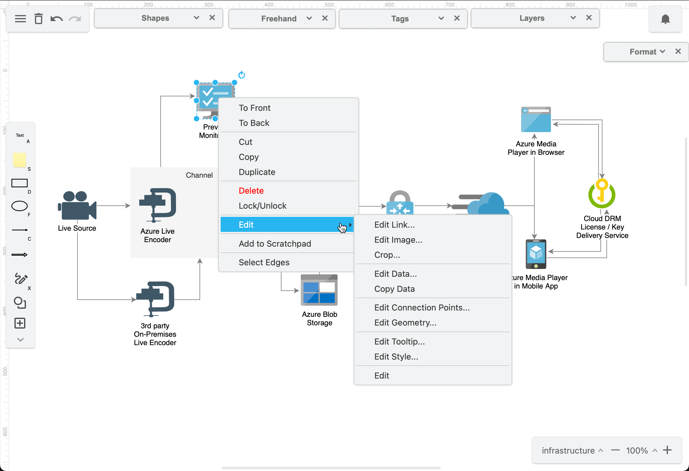 Right-click and select Edit, to specify custom shape styles, properties, links, image labels, tooltips, and geometry