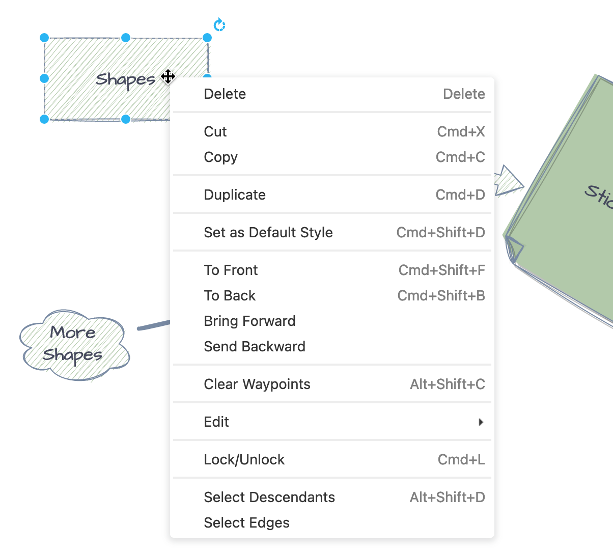 Right click on a shape or connector to open a context menu - add and edit links, shape style information and metadata, as well as move shapes forward and backwards