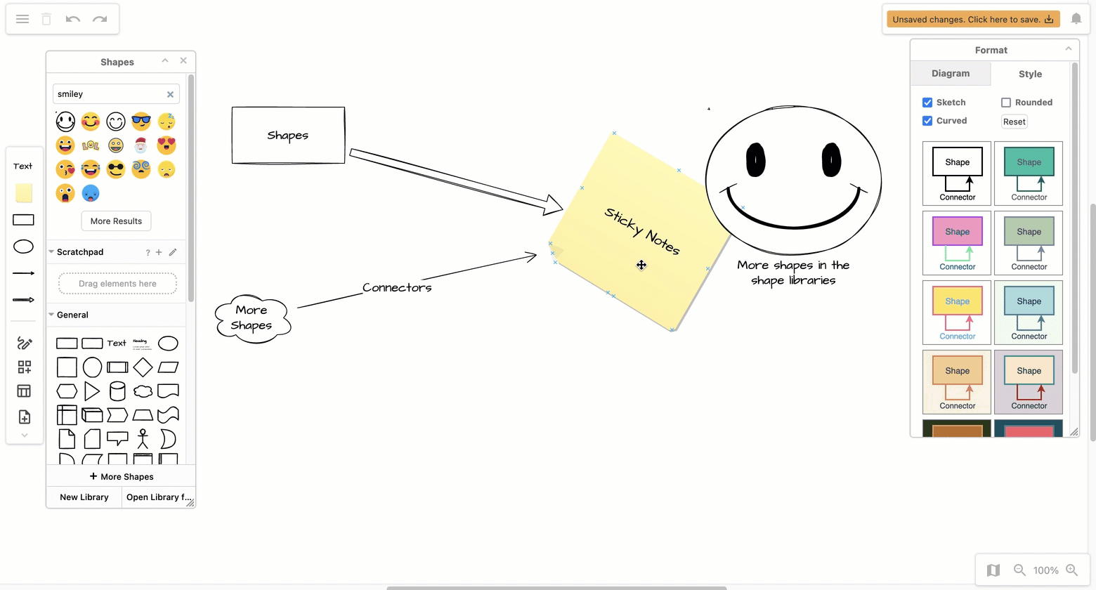 Format shapes, connectors and text with the floating Format panel in the sketch.draw.io online whiteboard