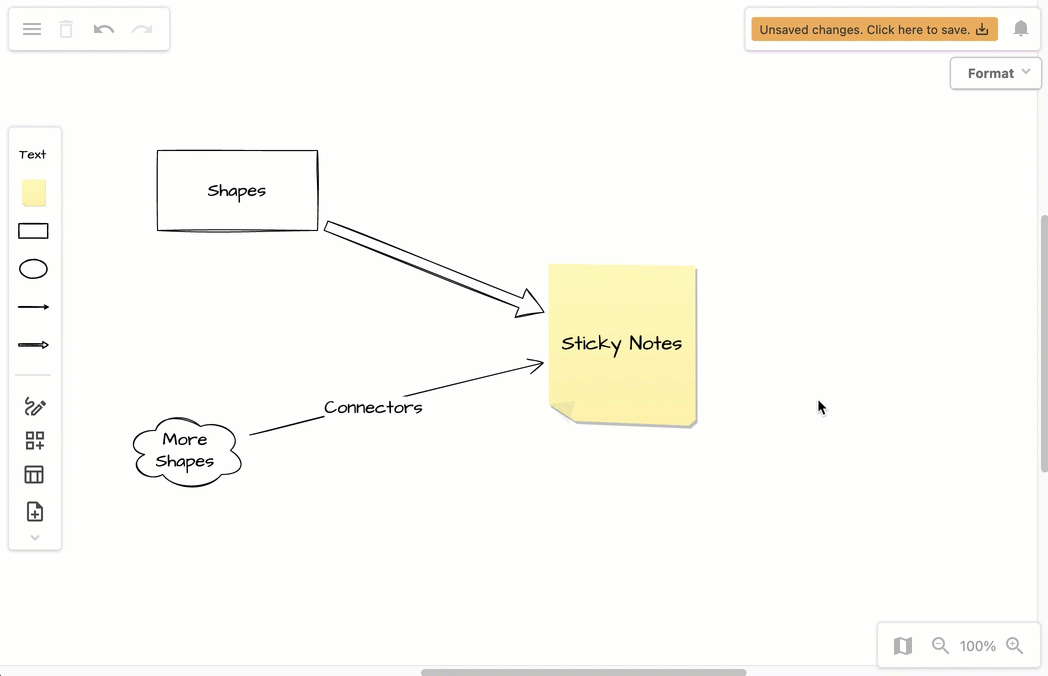 Drag shapes to move them in your online whiteboard at sketch.diagrams.net or drag the grab handles to rotate or resize shapes