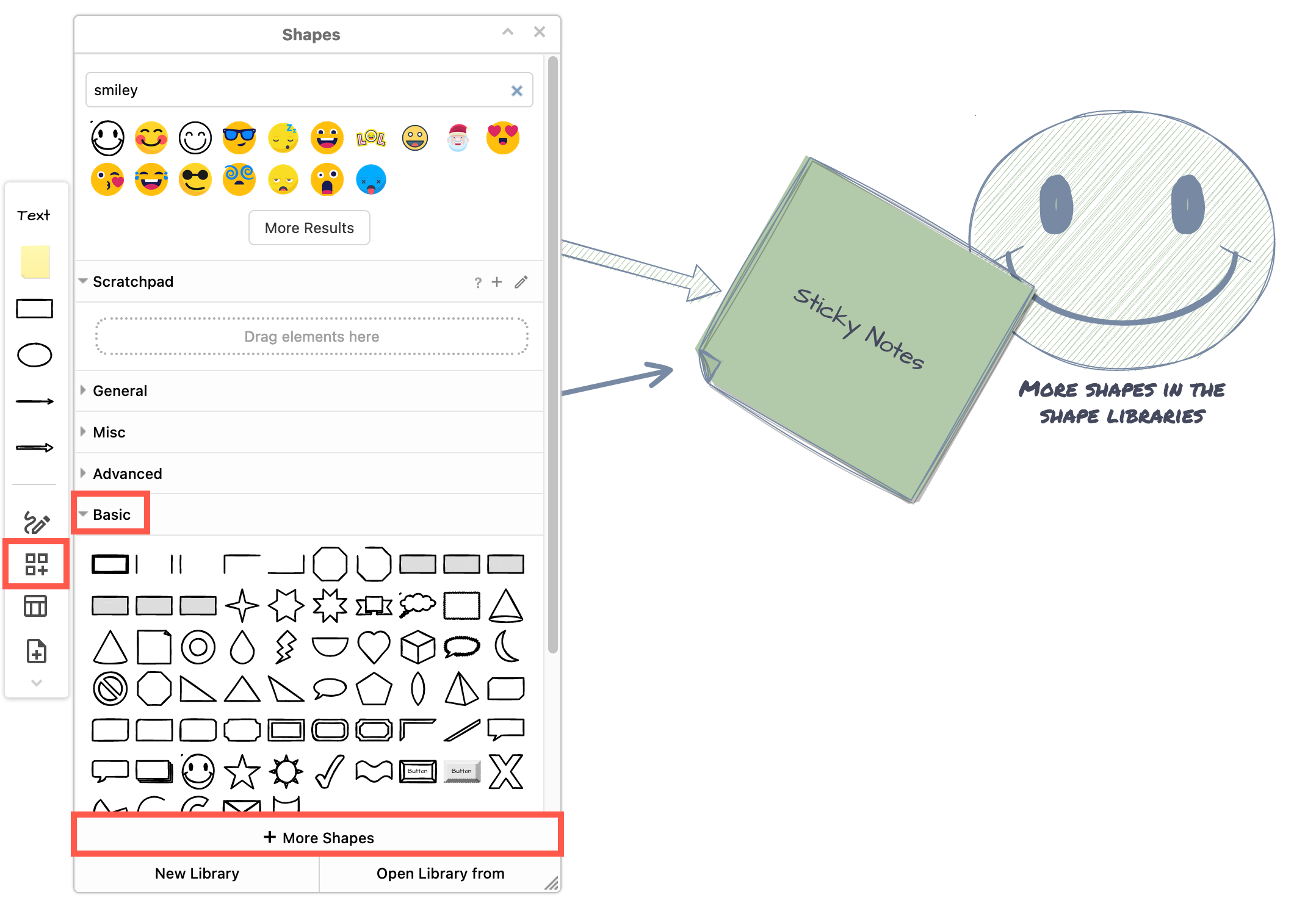 Click on the Shapes tool to open this panel when using the Sketch editor theme in draw.io