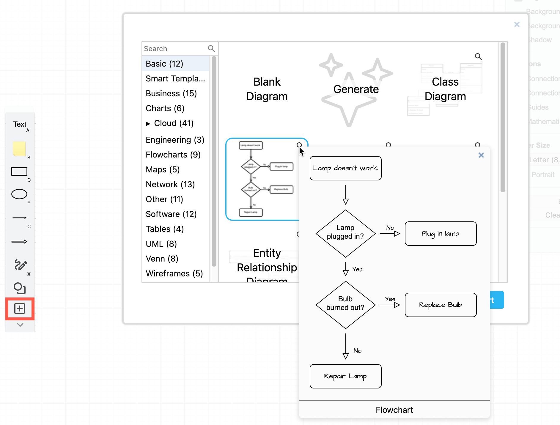 Preview a template from the large template library before adding it to your online whiteboard at sketch.diagrams.net