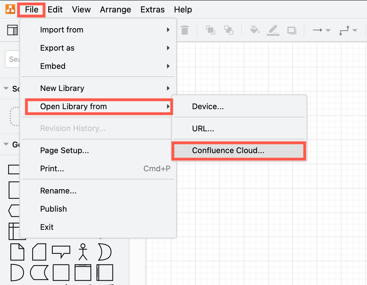 Open a draw.io custom library in Confluence Cloud