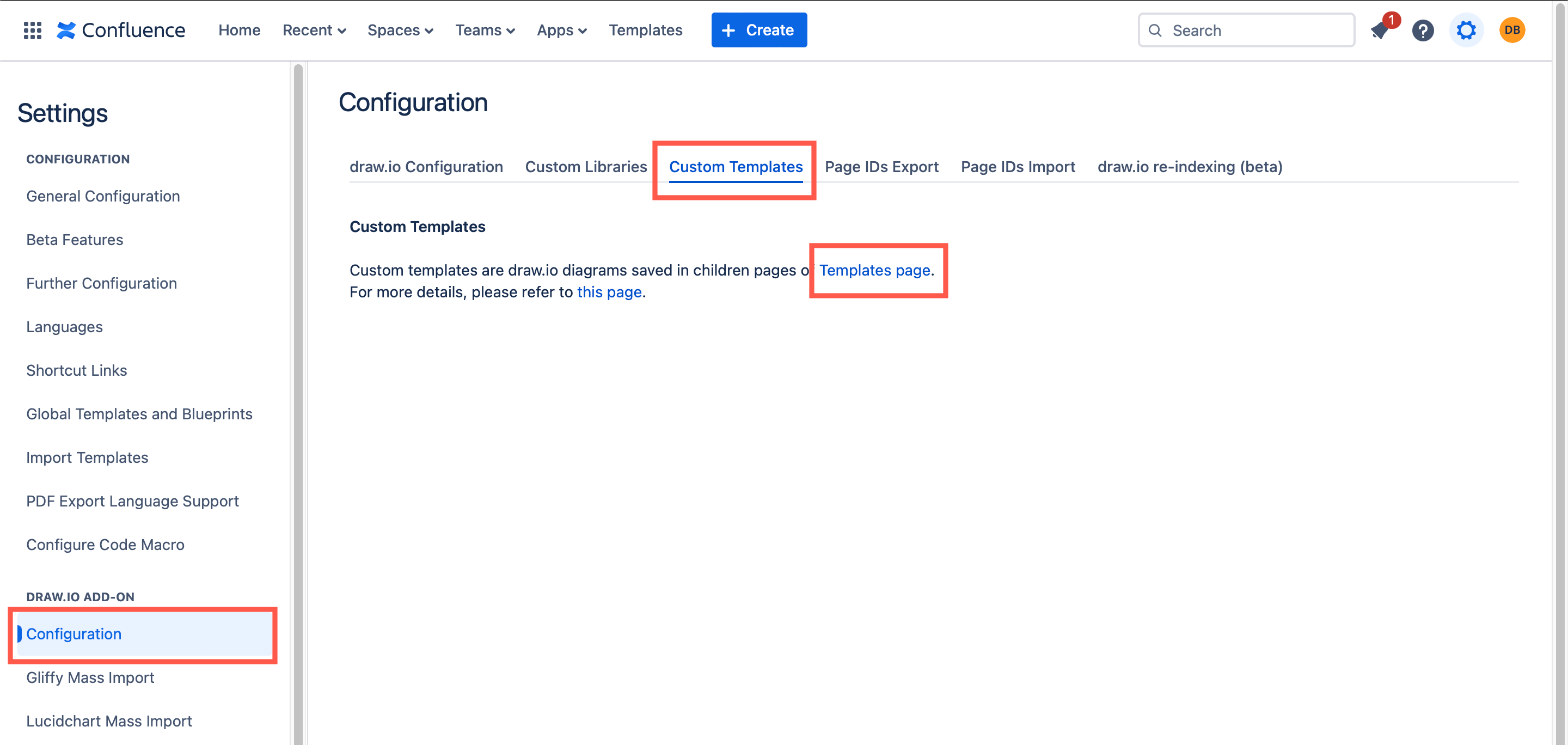 Go to the Templates page via the draw.io Configuration in Confluence Cloud