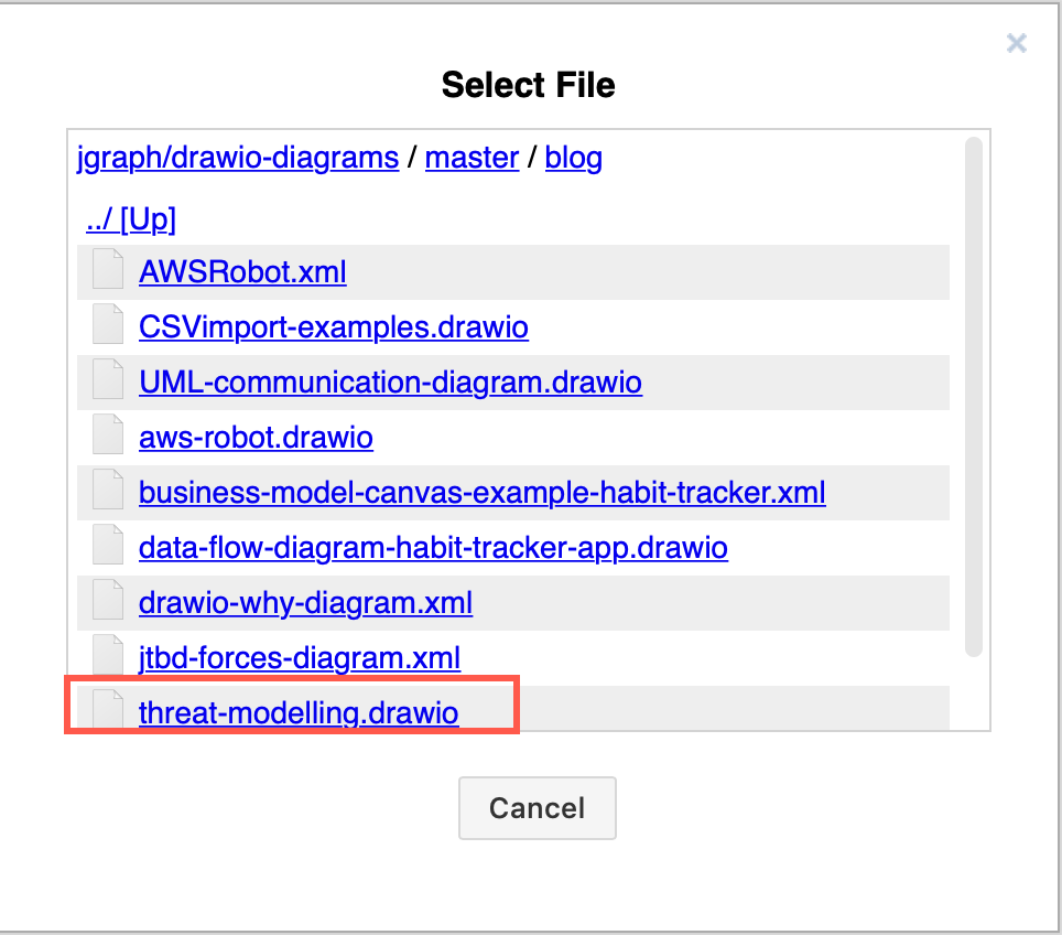 Open an existing diagram stored in a GitHub repository that you have access to