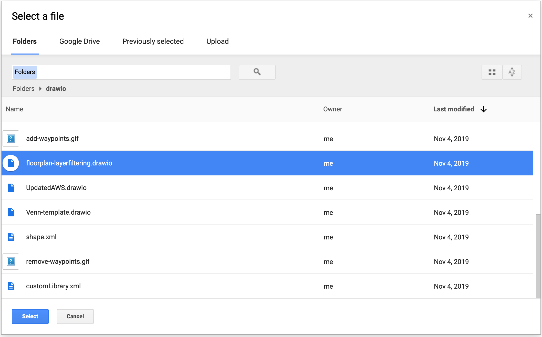 Open an existing diagram from a Google shared drive