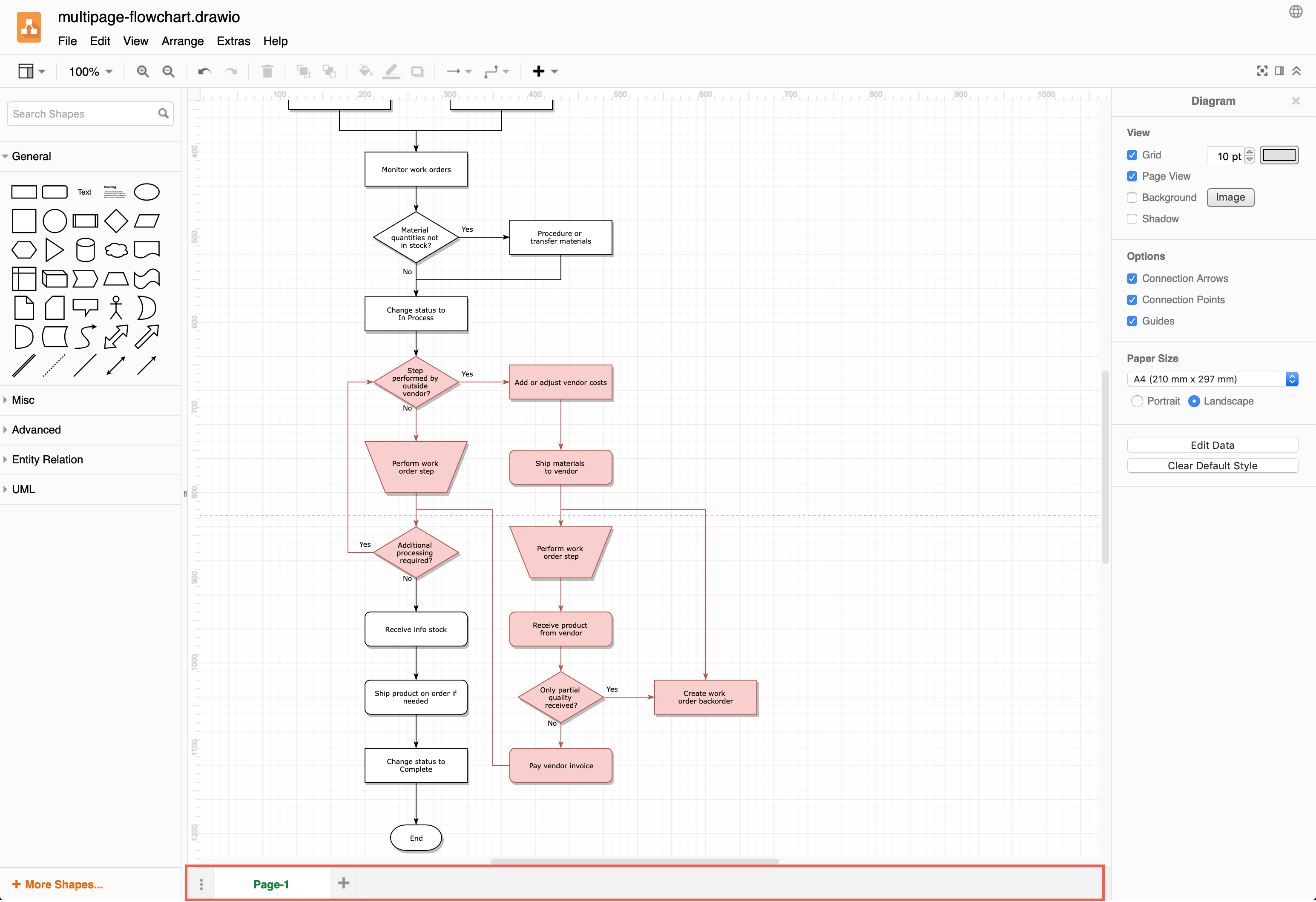 Add multiple pages to diagrams with the page tab bar at the bottom of the drawing canvas