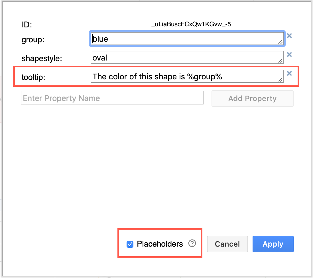 Add a tooltip property, and write the tooltip text - include a placeholder by surrounding the property name with % signs