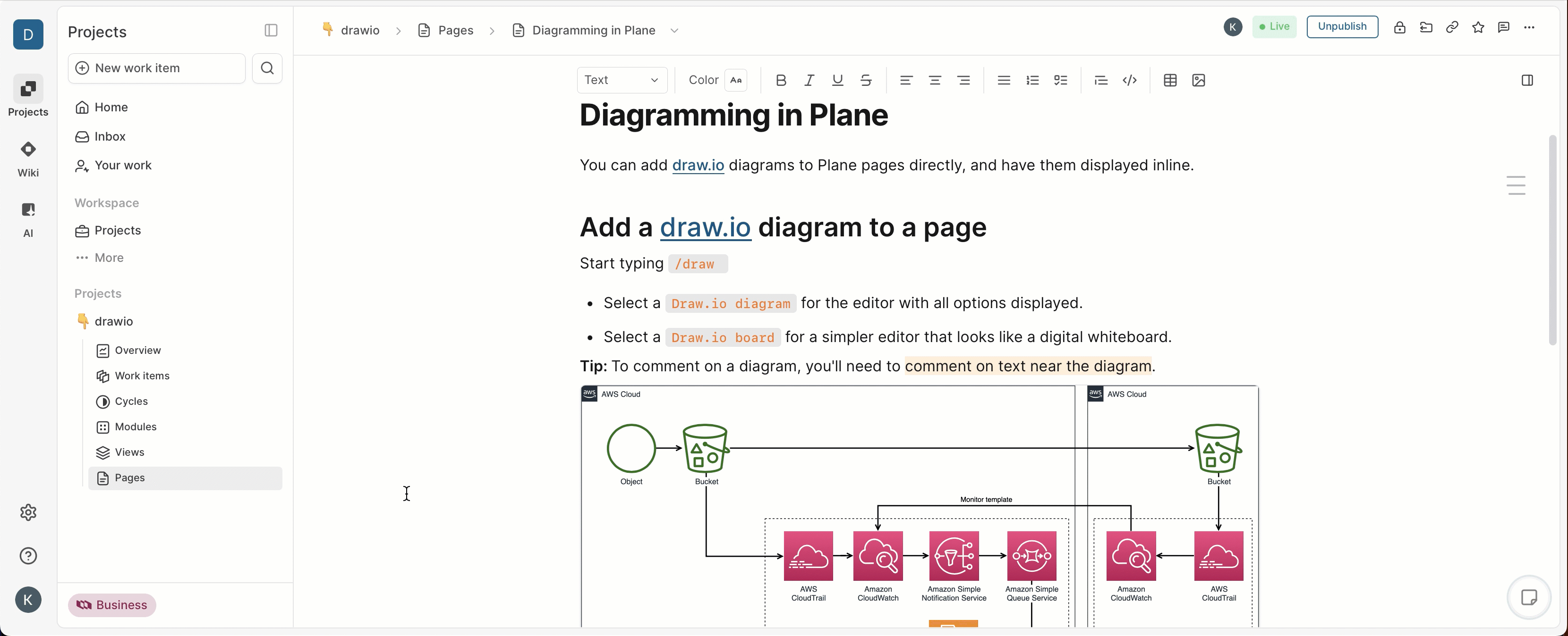 Embedded draw.io diagrams are not versioned along with the page content in Plane.so