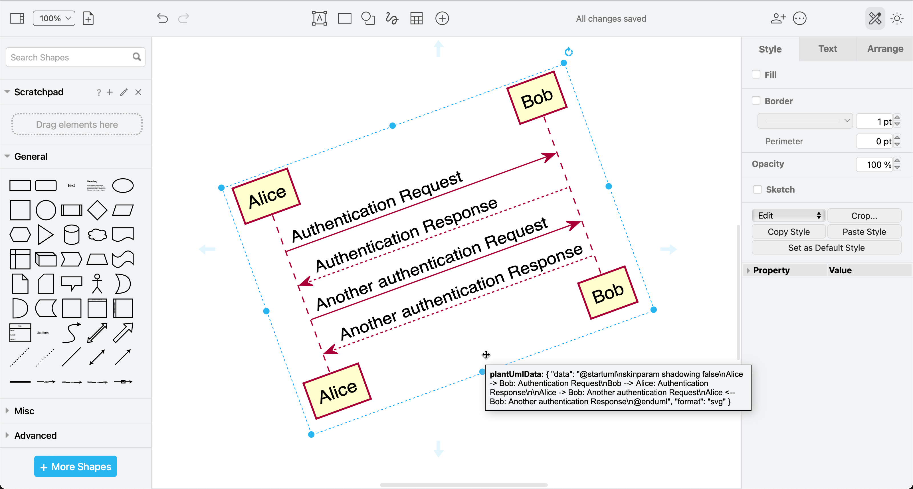 Hover over a PlantUML diagram on the drawing canvas in draw.io to see the PlantUML text in a tooltip
