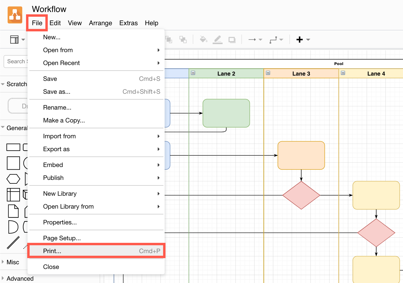 Open the print dialog in draw.io to print to a PDF file