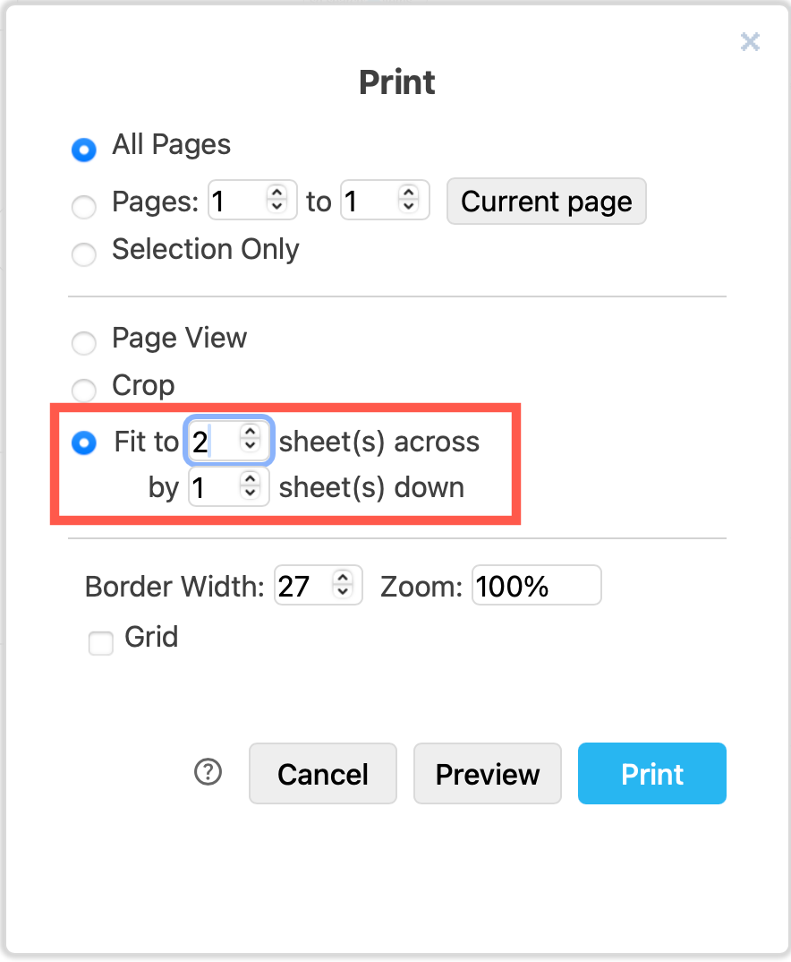 Select Fit to, and enter the number of pages you want to stretch your diagram across