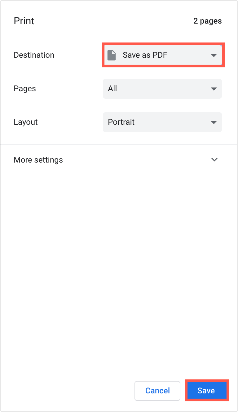 Select PDF as the destination to print a diagram to a PDF file in Chrome