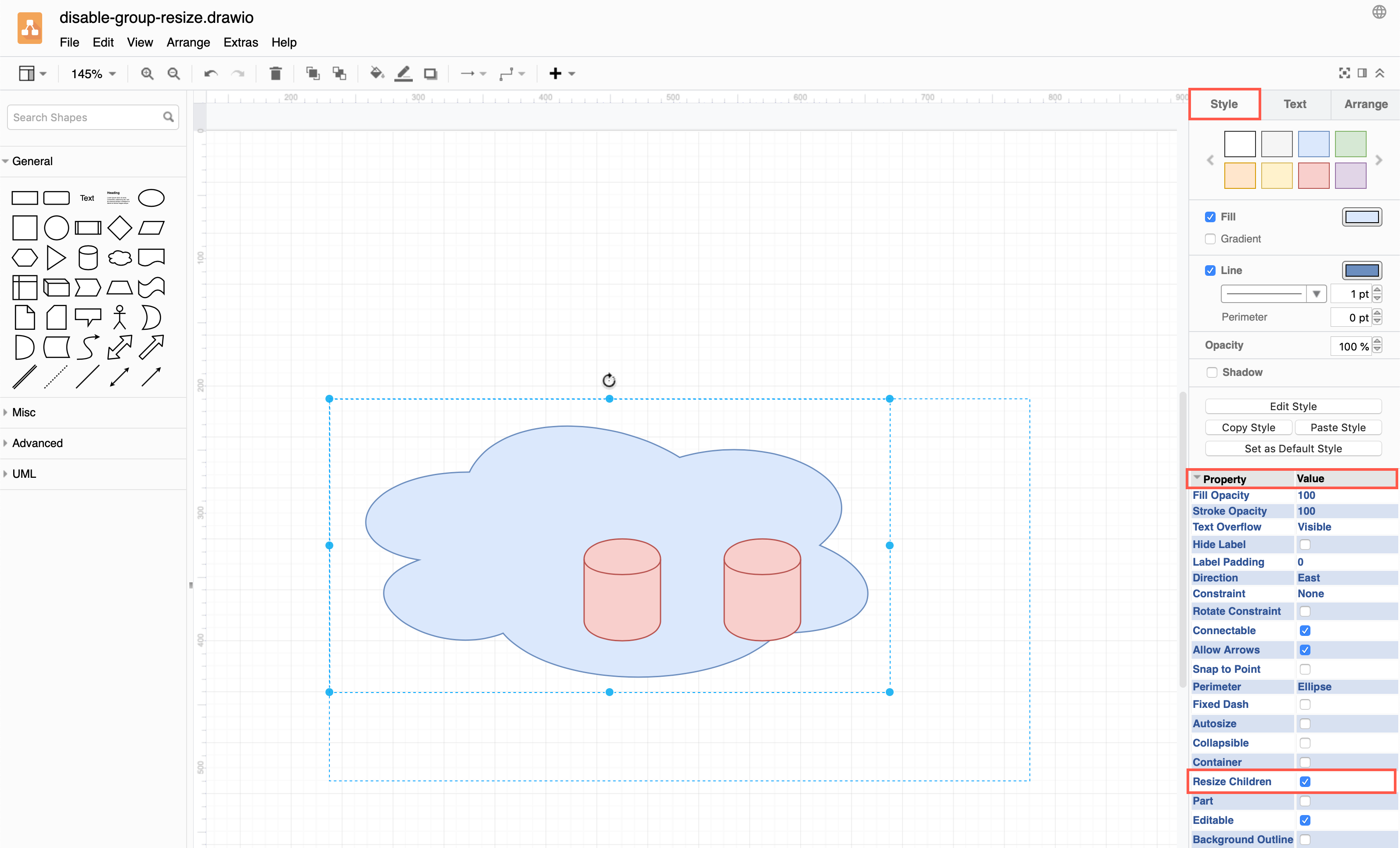 Disable Resize Children in the shape properties to resize grouped shapes individually