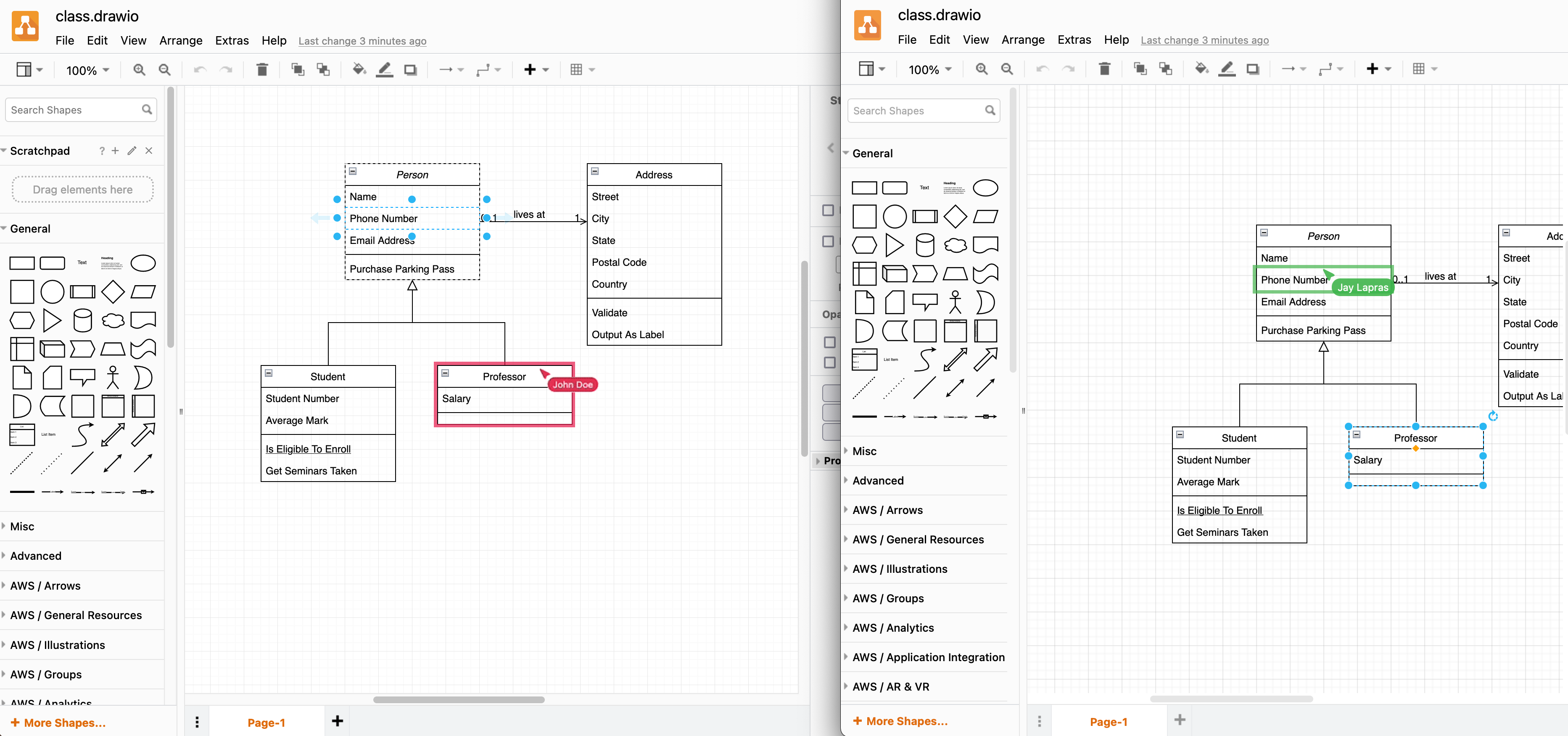 See how others edit and select parts of the diagram in real time in draw.io when you store diagram files in OneDrive or Google Drive
