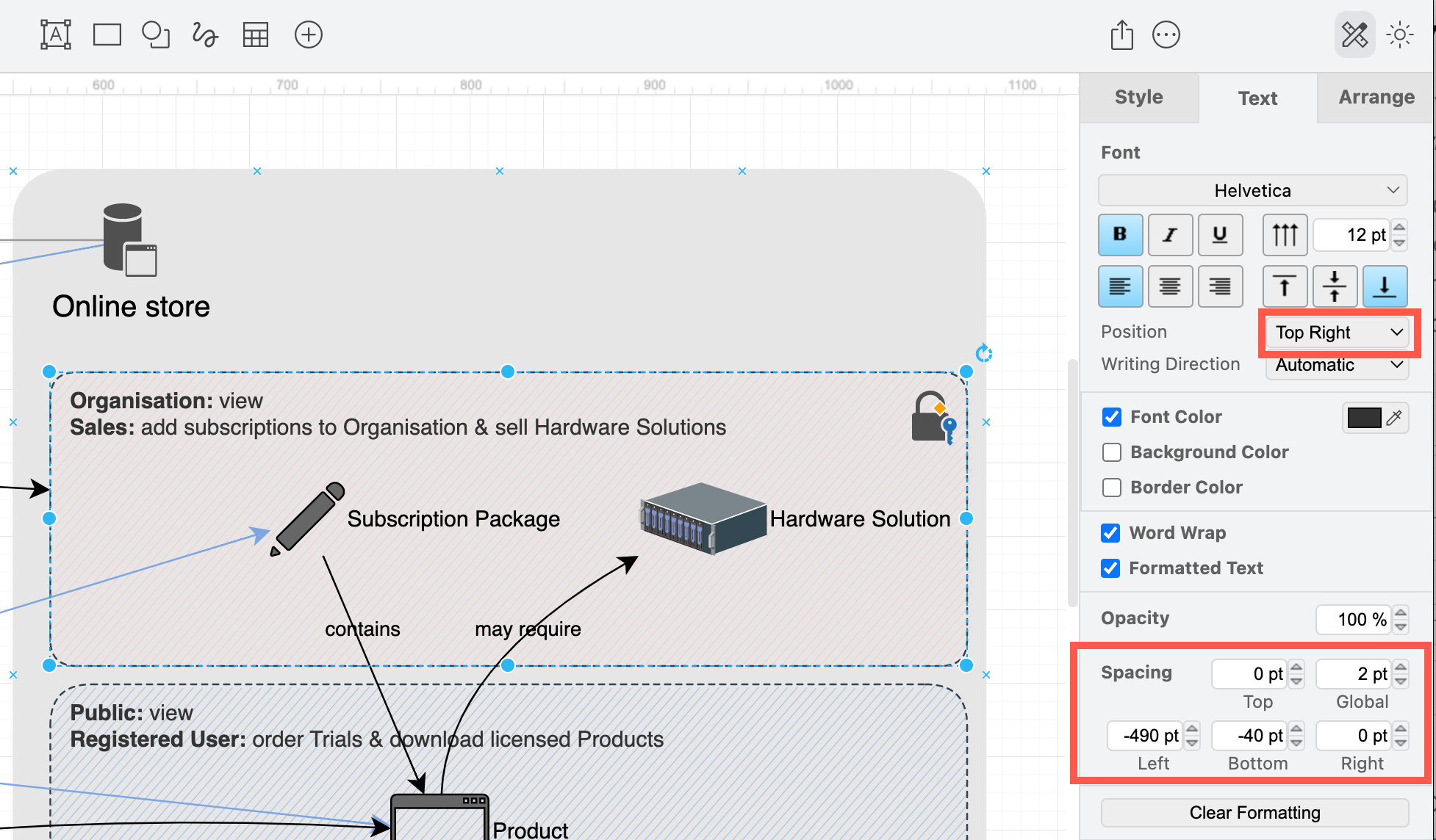 Use the tools in the Text tab of the format panel to position your region shape's label