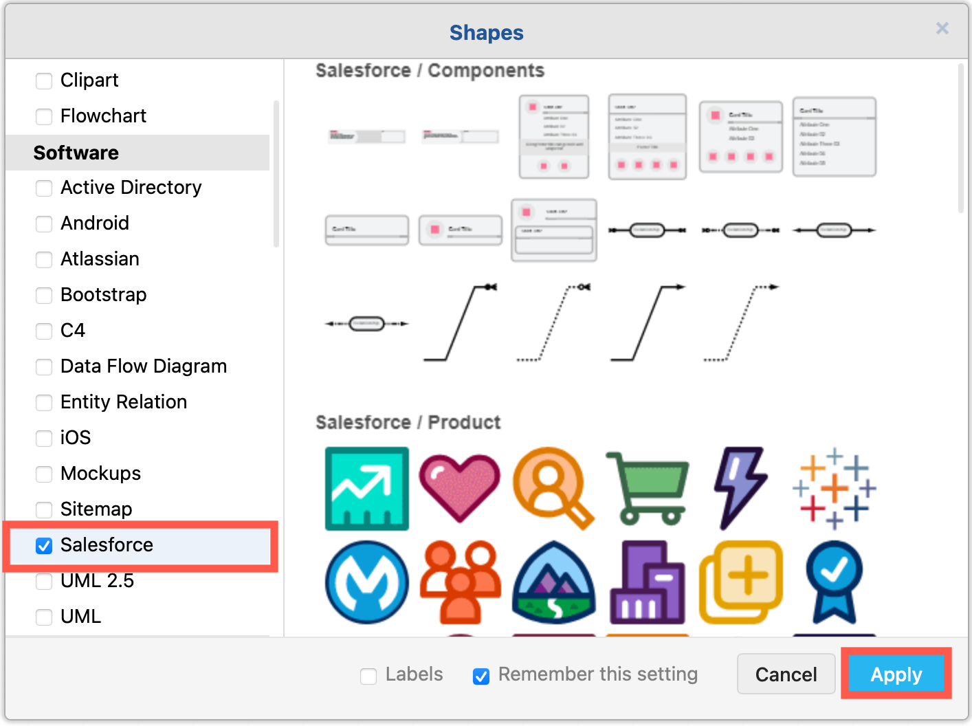 Open the Salesforce shape library to use these infrastructure shapes and icons