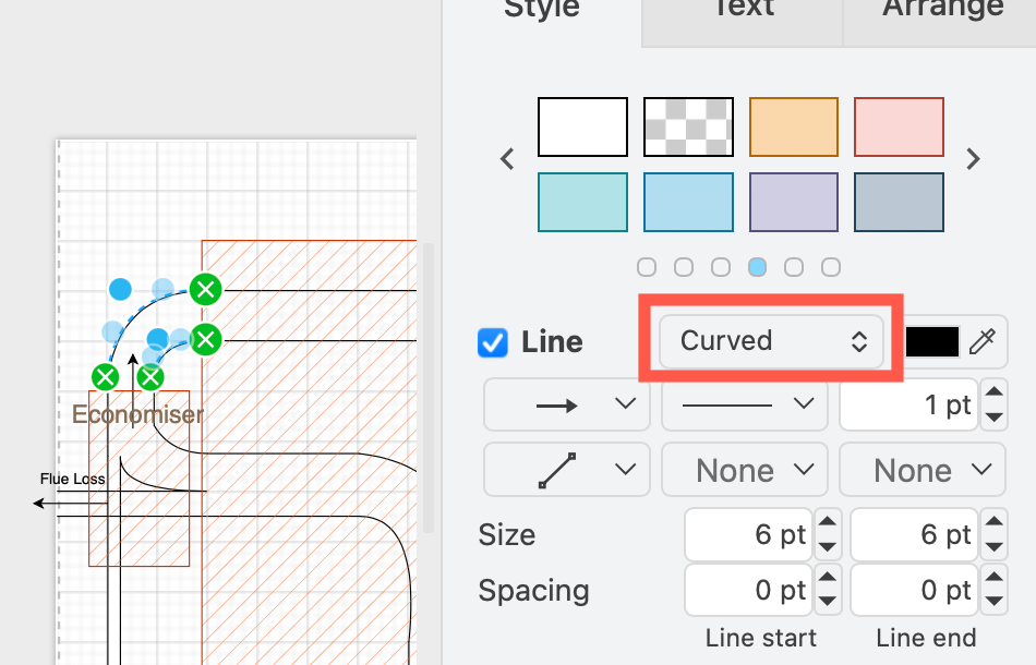 Use partial rectangle shapes in your Sankey diagram and attach curved connectors to their corners