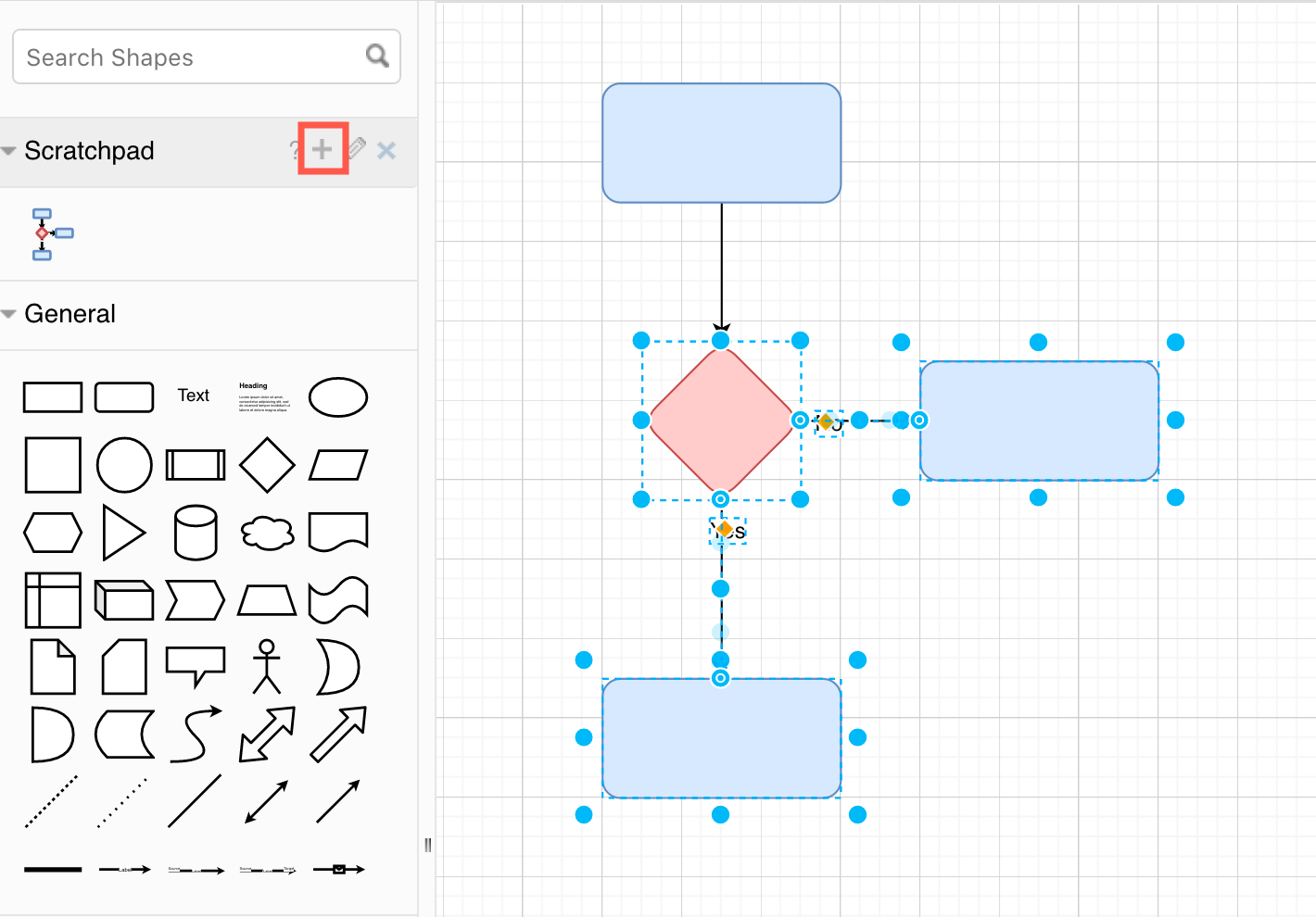 Select one or more shapes, then click the plus symbol to add it to the scratchpad in draw.io