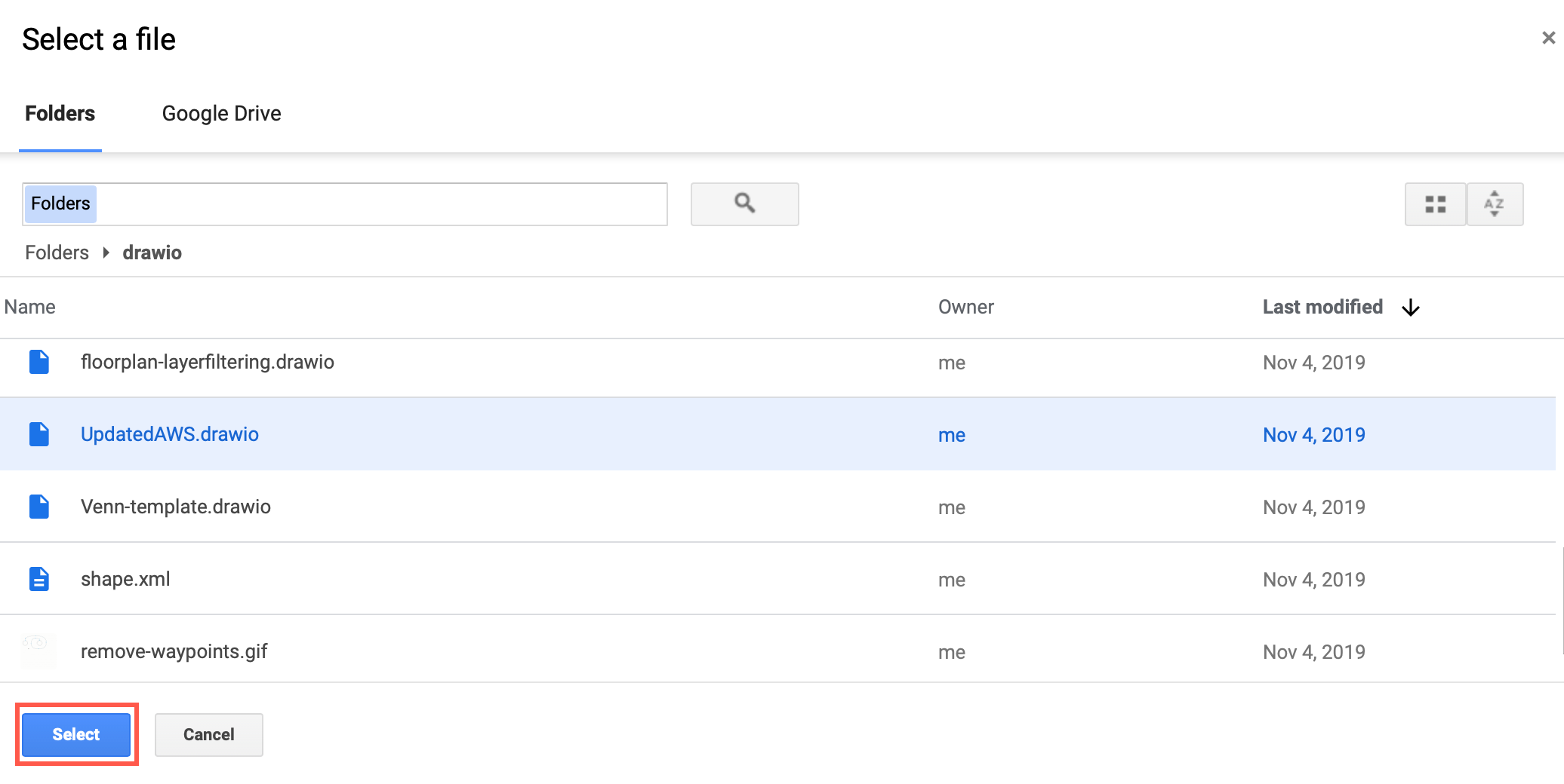 Select the draw.io diagram file in your Google Drive