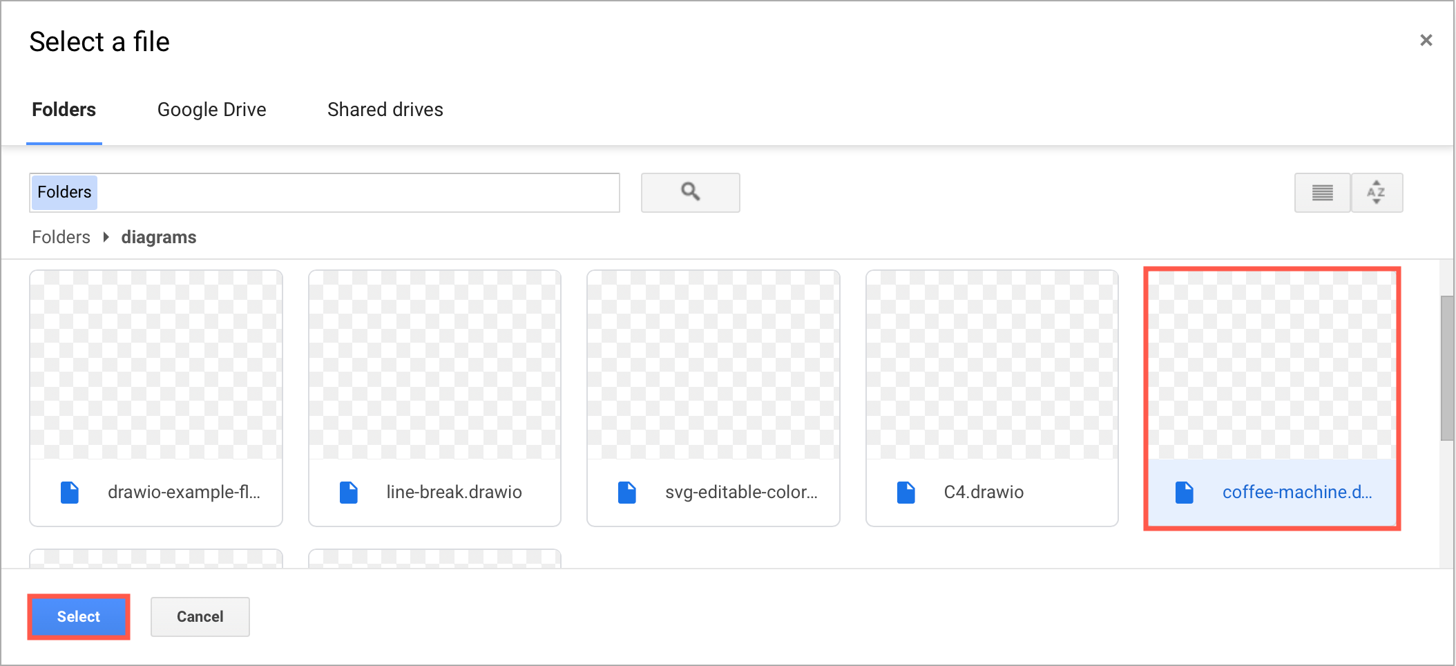 Select the draw.io diagram file in your Google Drive