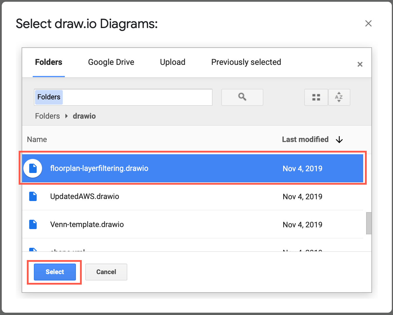Select a .drawio diagram file to insert into a Google Doc