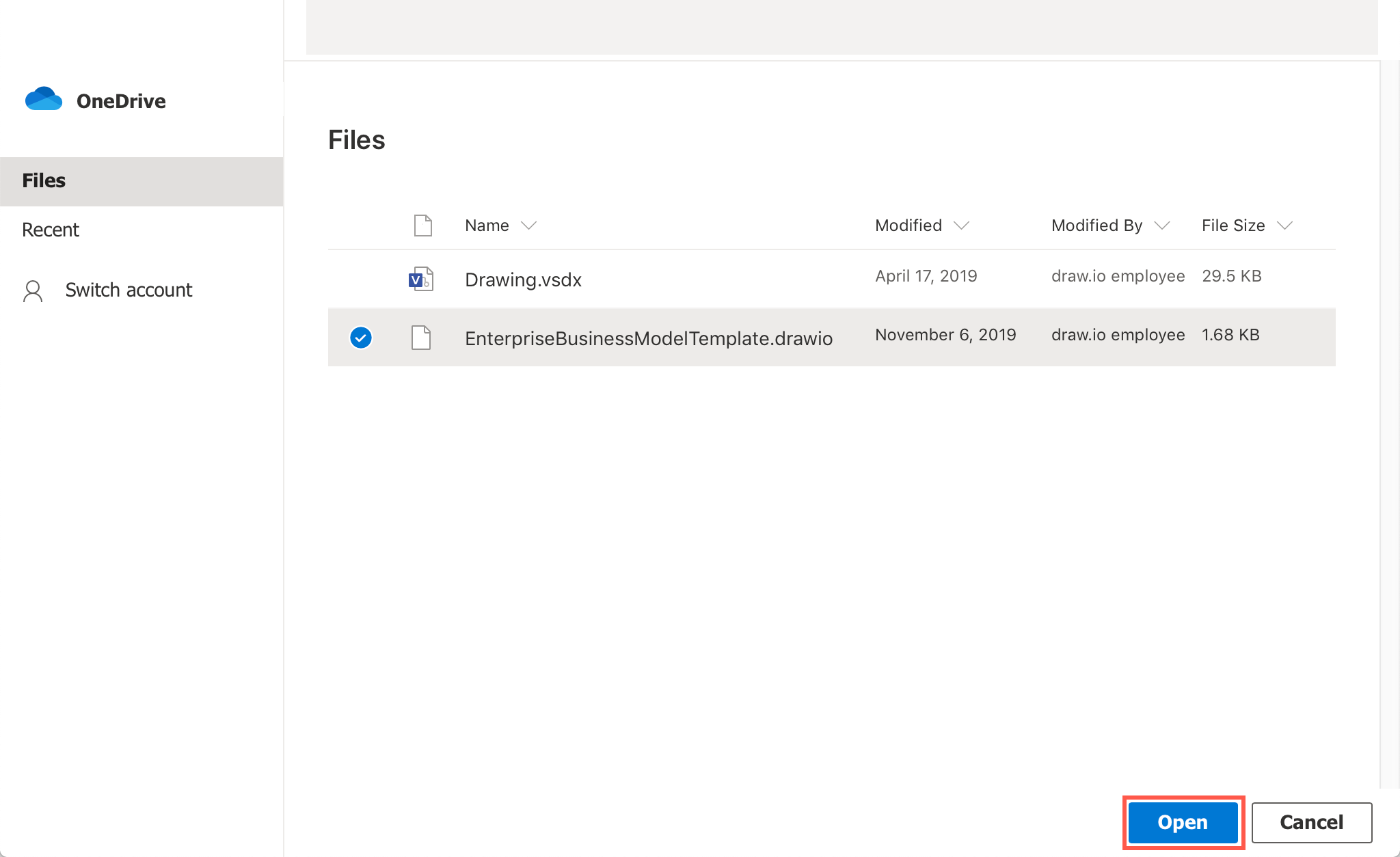 Select the .drawio diagram file in your OneDrive account