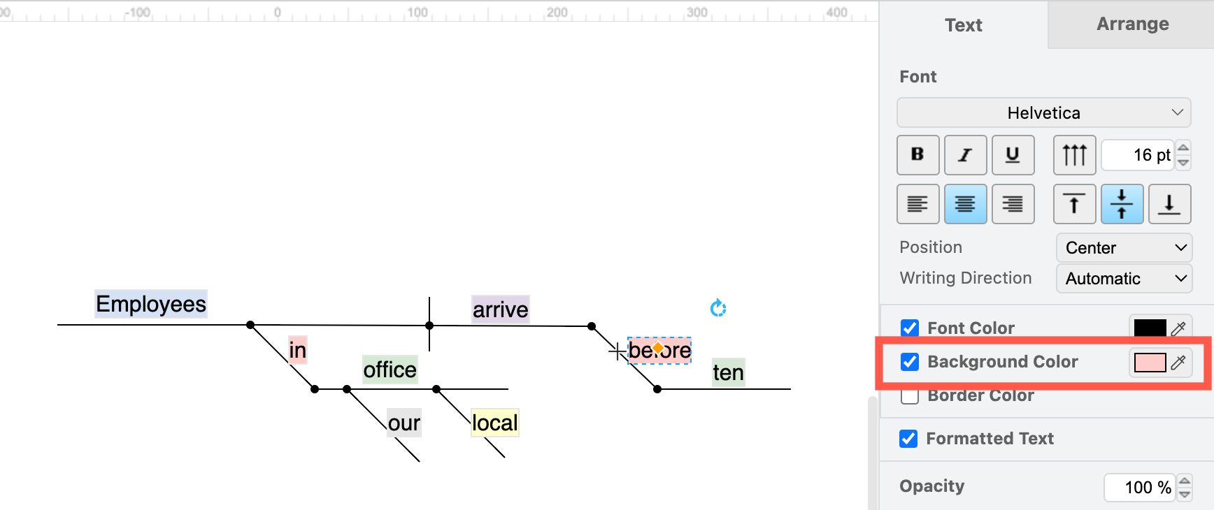 Add a coloured background to the text labels of connectors to indicate the different parts of the sentence