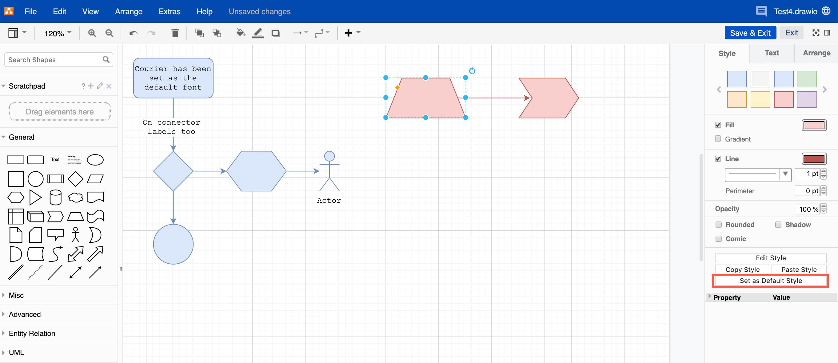 Set a new personal default style for shapes and connectors in draw.io for Confluence Cloud