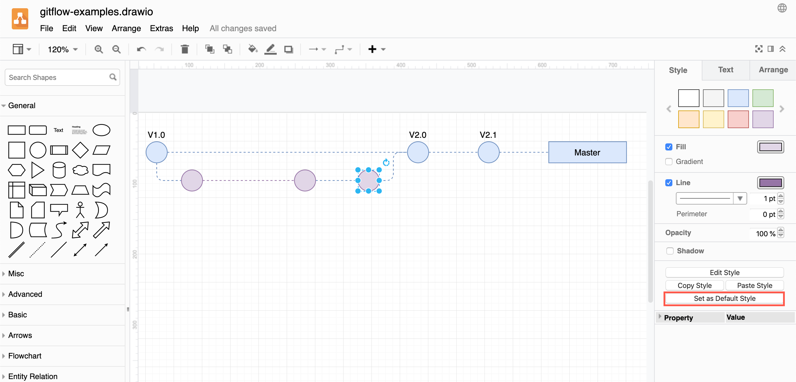 Set a new default style in draw.io for shapes, connectors and text