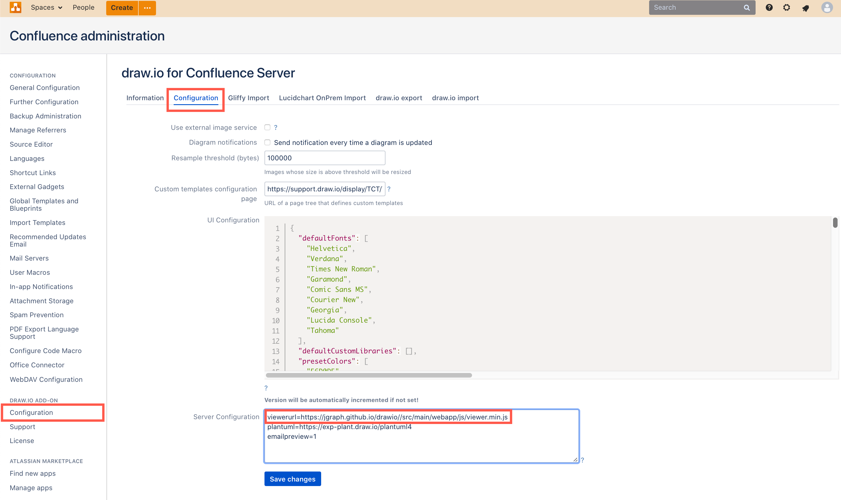 Add the URL to your self-hosted JavaScript viewer script to the draw.io Server Configuration field