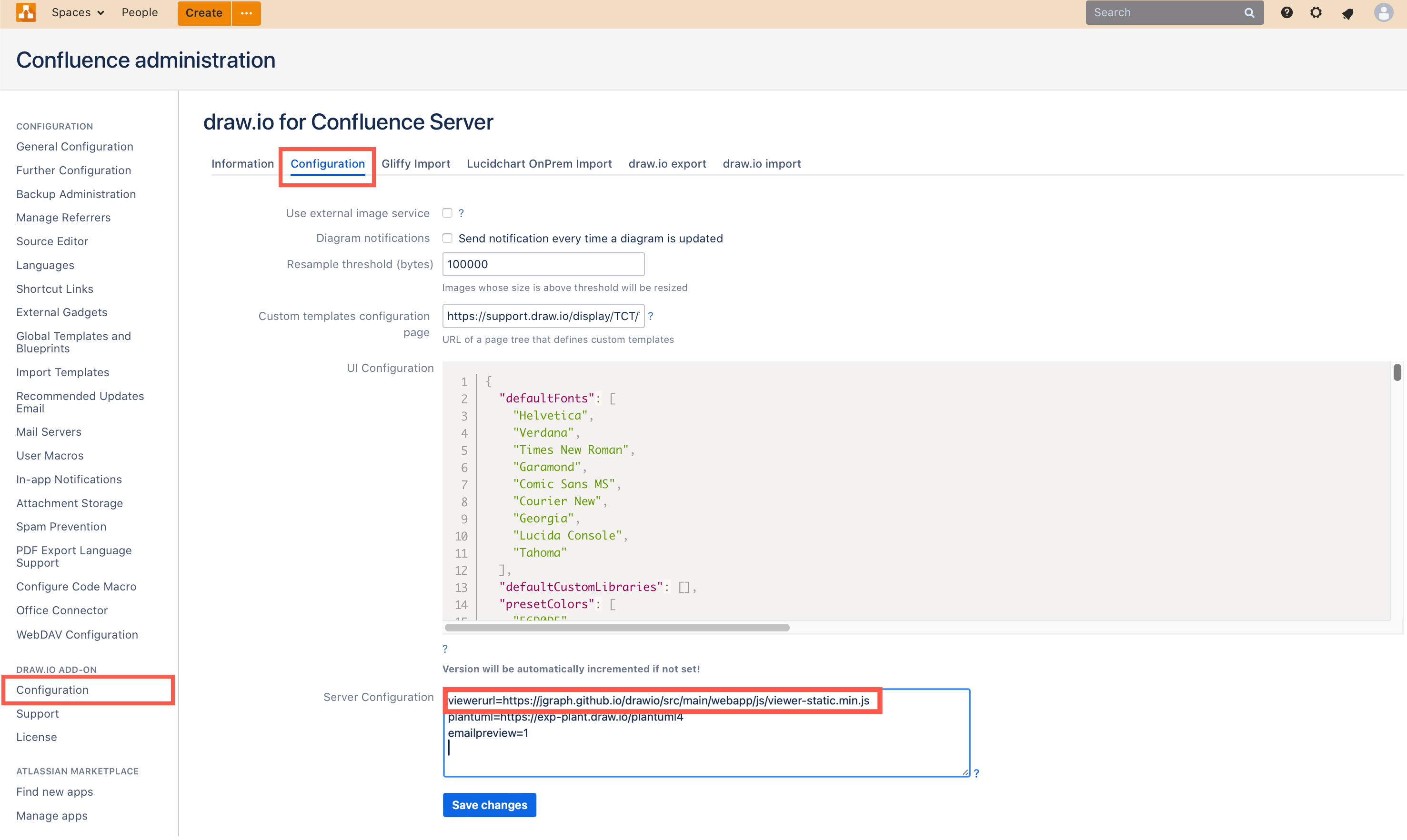 Add the URL to your self-hosted JavaScript viewer script to the draw.io Server Configuration field