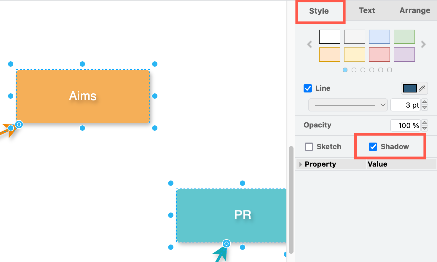 Apply a shadow to shapes and connectors via the Style tab in the format panel in draw.io