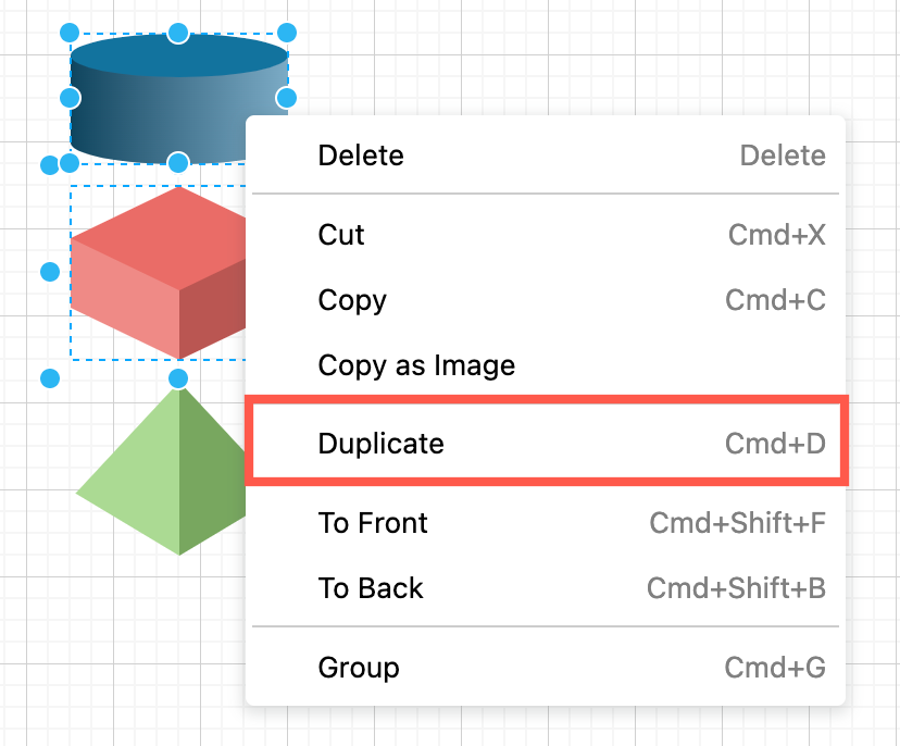 Select and right click to open the context menu and duplicate a shape in draw.io