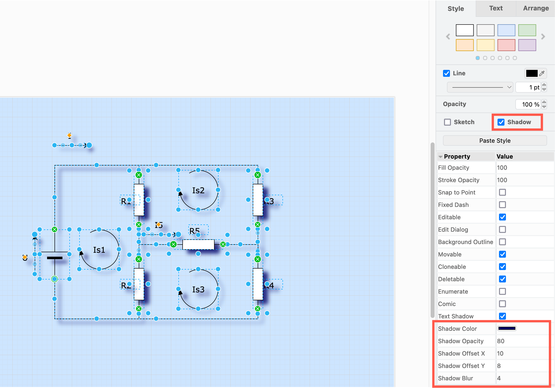 Customise the shadow on shapes, connectors and text in your diagram