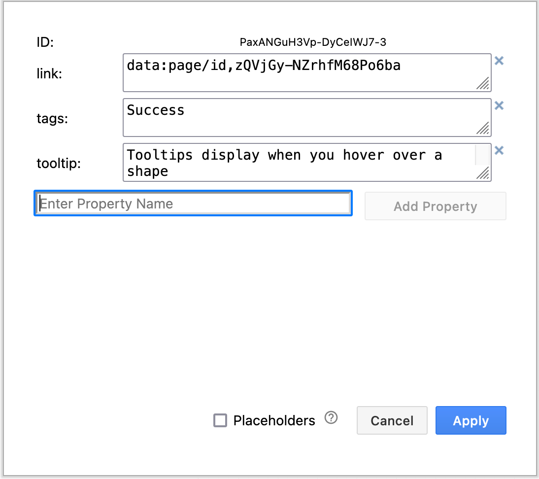 Add custom properties to a shape, including a link, tags or a tooltip