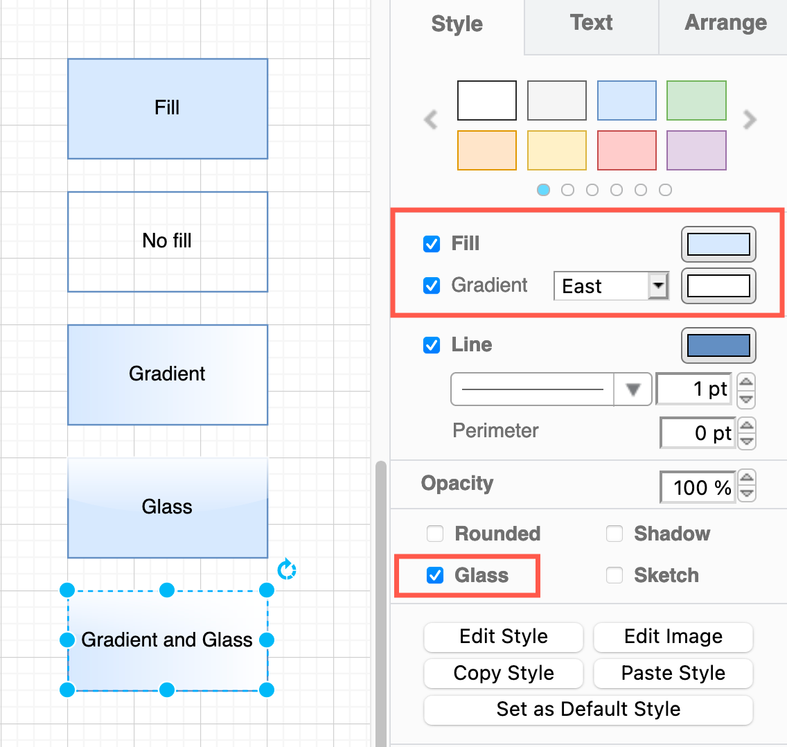 Change the fill style options to change the background in the selected shapes