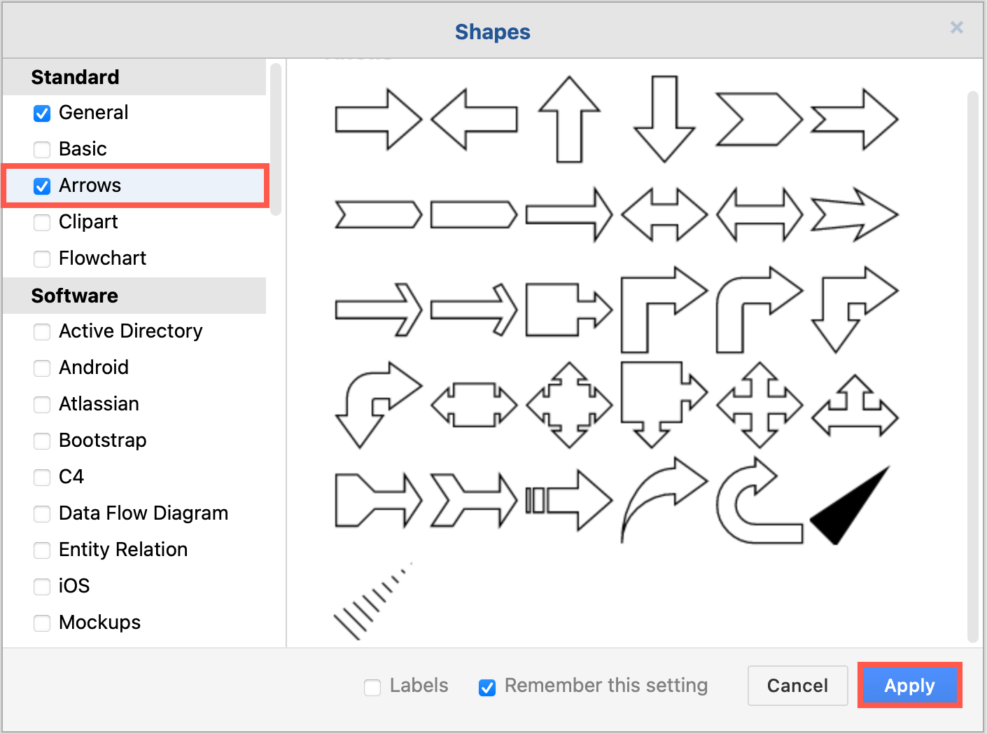 Enable the arrows shape library in draw.io