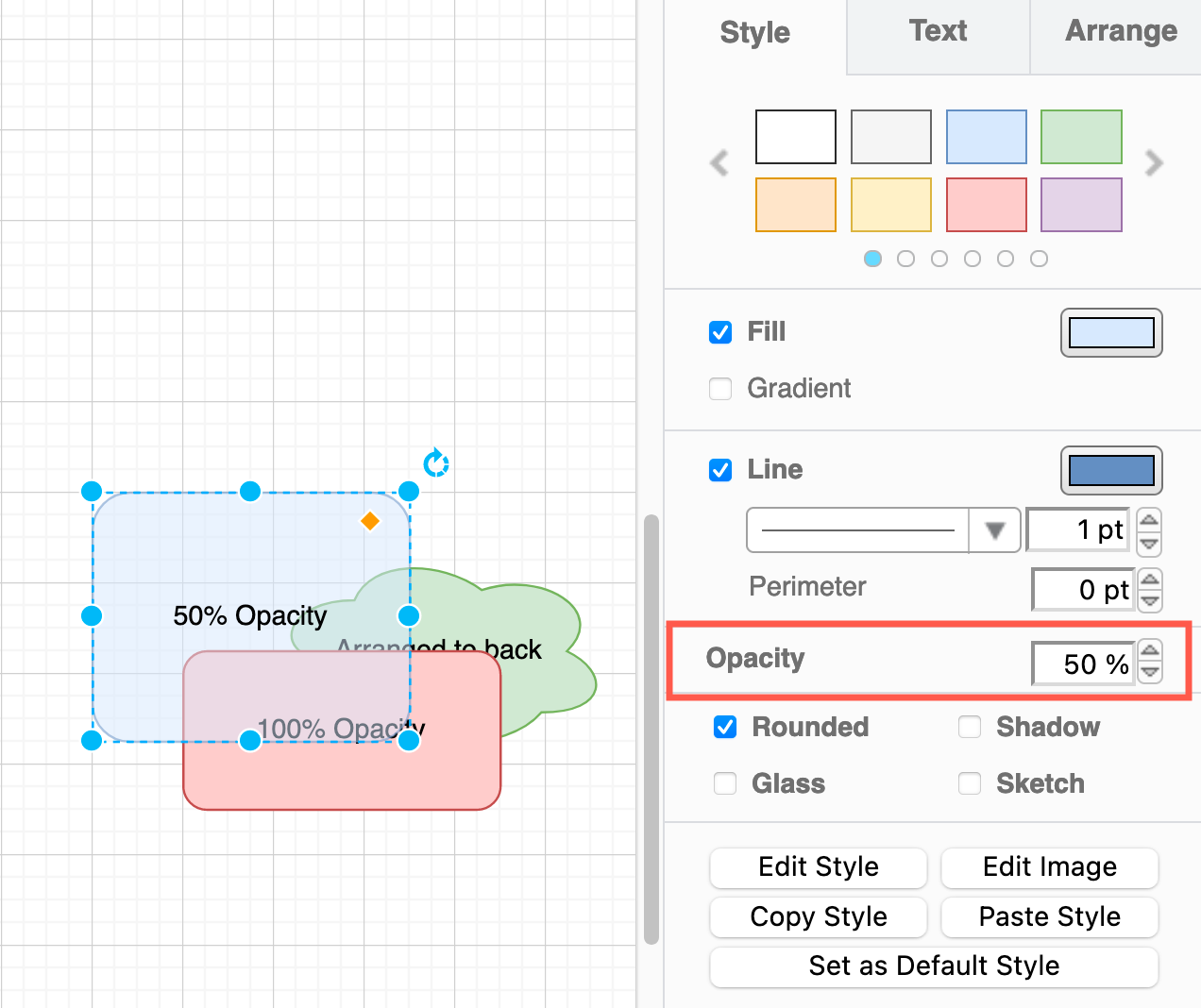 Set a new value for Opacity to make a shape more transparent and let shapes underneath show through