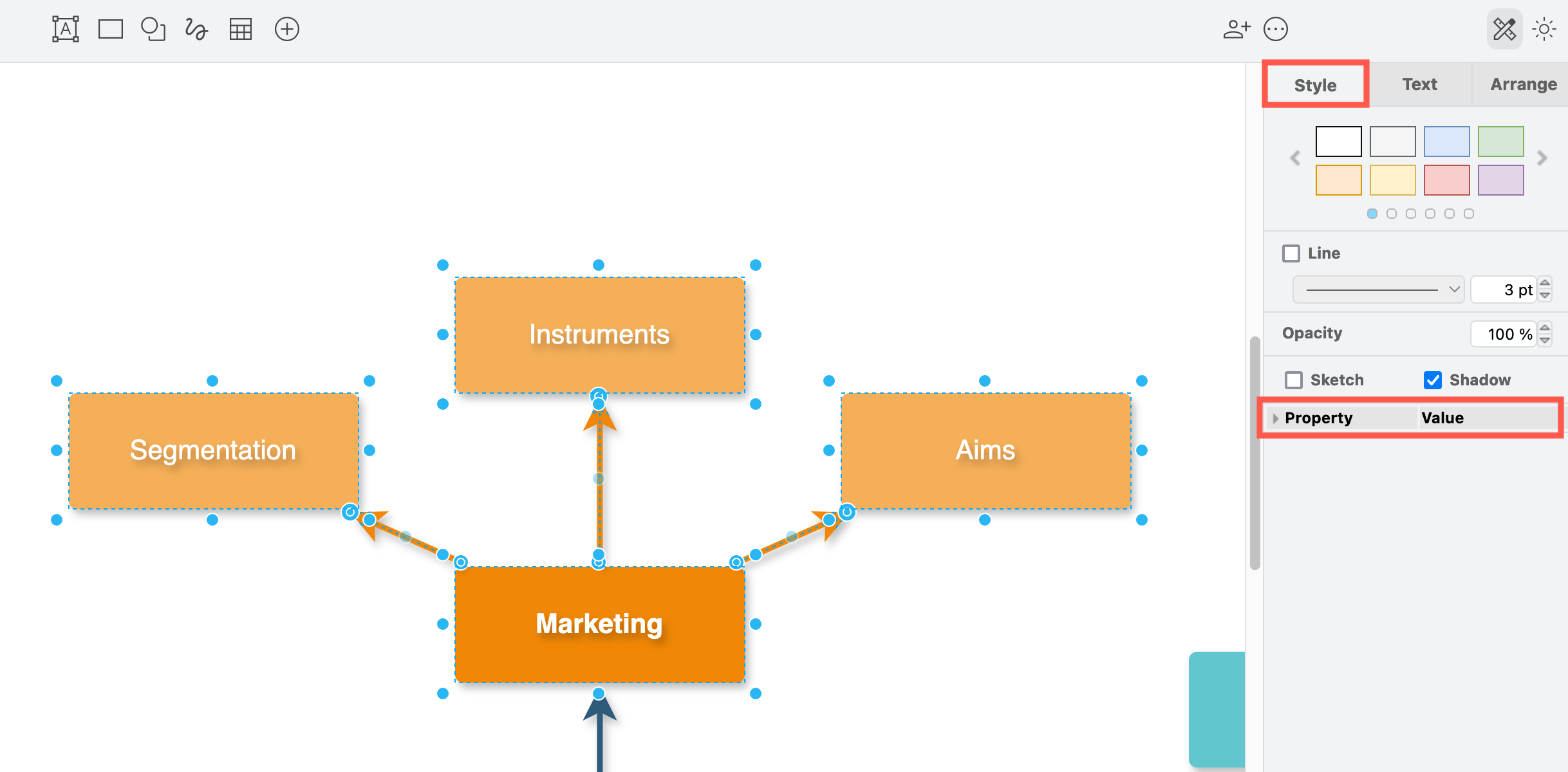 Use the shadow properties to customise shape and connector shadows in draw.io