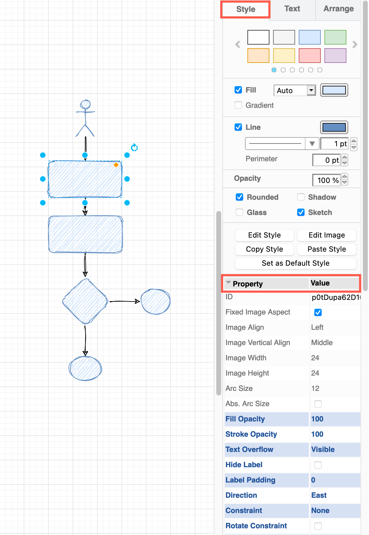 View a shape's properties in draw.io