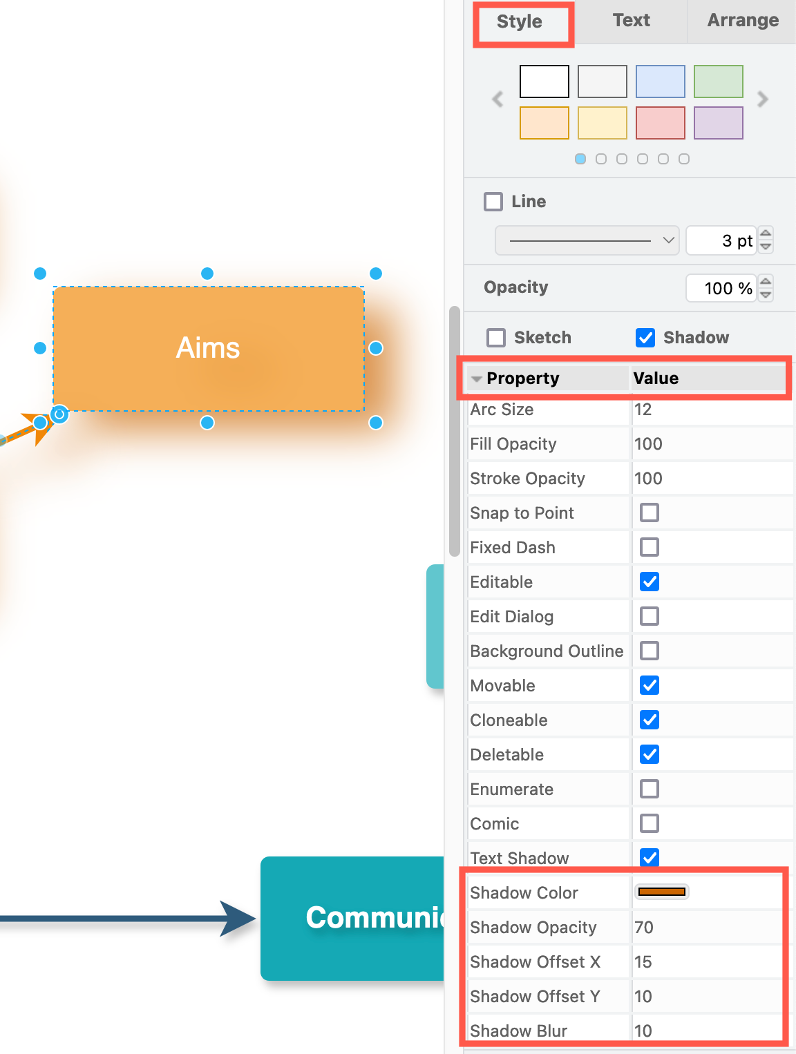 Use the shadow properties to customise shape and connector shadows in draw.io