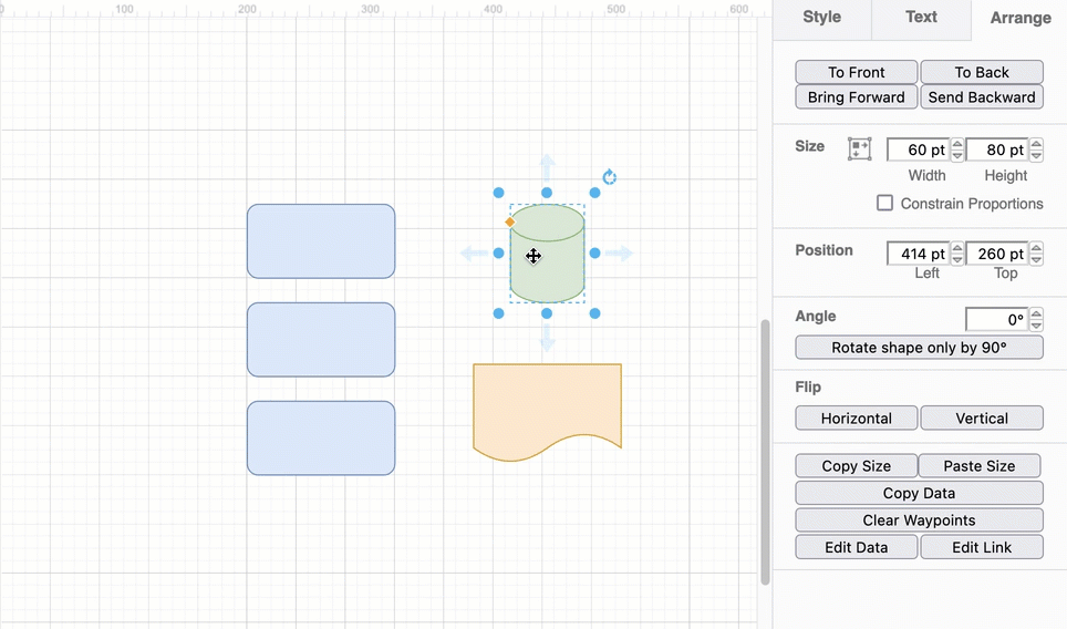 Drag the grab handles of selected shapes or enter a new exact Size in the Arrange tab of the format panel to resize shapes